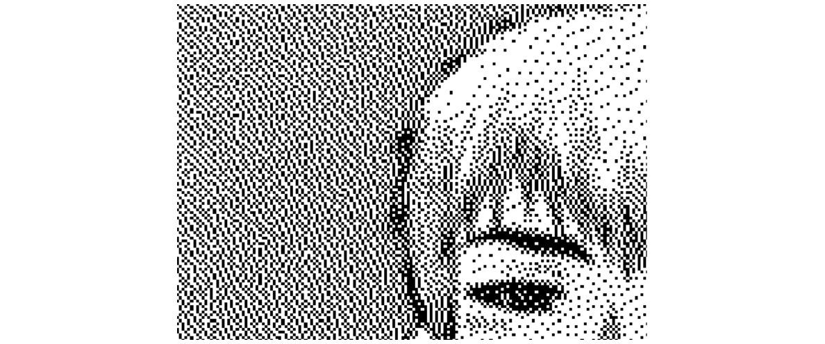 Zoom sur le method dithering de type Floyd–Steinberg, car sans agrandissement l’effet d’illusion optique empêche de bien distinguer les deux méthodes.