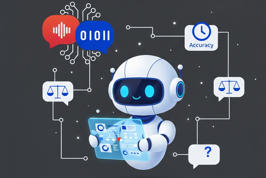 Illustration d’un robot IA tenant une tablette holographique, symbolisant l’évaluation des modèles d’intelligence artificielle.