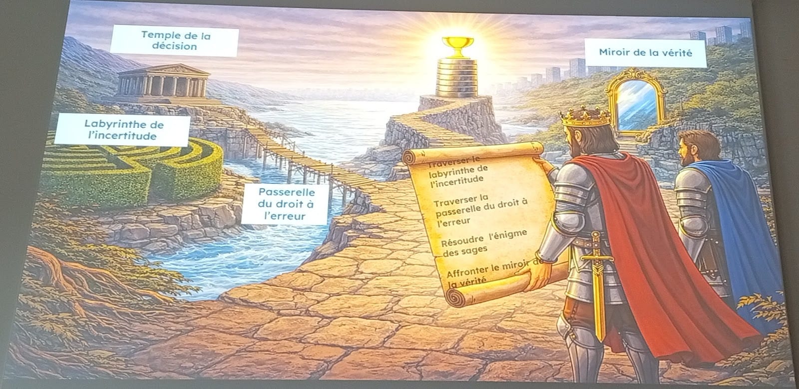 Illustration allégorique d'une quête chevaleresque représentant les étapes de la prise de décision (labyrinthe, passerelle, miroir).